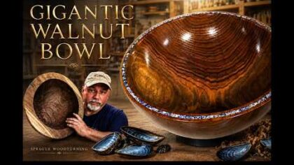 Woodturning – DIY Huge Black Walnut Bowl with Mussel Shell Inlay!! — YouTube video thumbnail