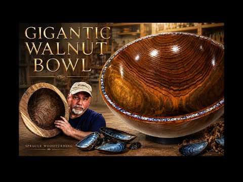 Woodturning – DIY Huge Black Walnut Bowl with Mussel Shell Inlay!! — YouTube video thumbnail